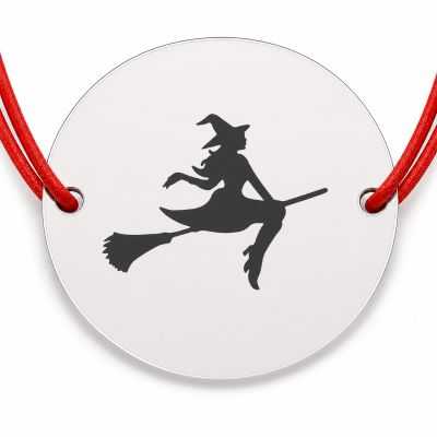 Brățară argint 925 cu bănuț vrăjitoare pe mătură, șnur reglabil — cadou de Halloween B-E0749
