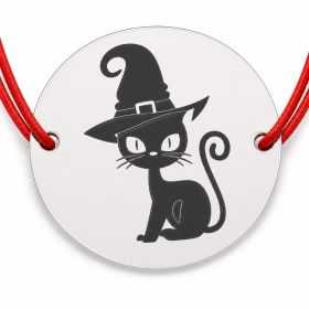 Brățară argint 925 cu bănuț pisică neagră cu pălărie de vrăjitoare, șnur reglabil — cadou de Halloween B-E1280