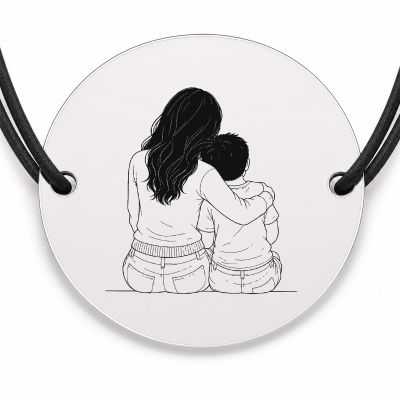 Brățară argint 925 cu bănuț gravat mama și băiețelul, șnur negru reglabil — R0099