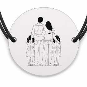 Brățară argint 925 cu bănuț gravat familie cu gemene, șnur negru reglabil — R0106