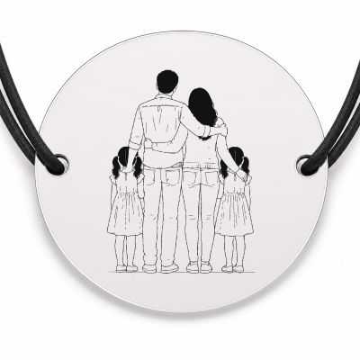 Brățară argint 925 cu bănuț gravat familie cu gemene, șnur negru reglabil — R0106