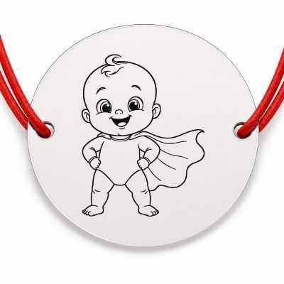 Brățară argint 925 cu bănuț gravat bebe supererou cu pelerină, șnur roșu reglabil — R0173