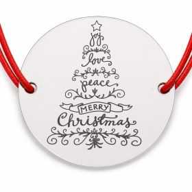 Brățară argint 925 cu bănuț brad din cuvinte festive, șnur reglabil — cadou de Crăciun B-E0728
