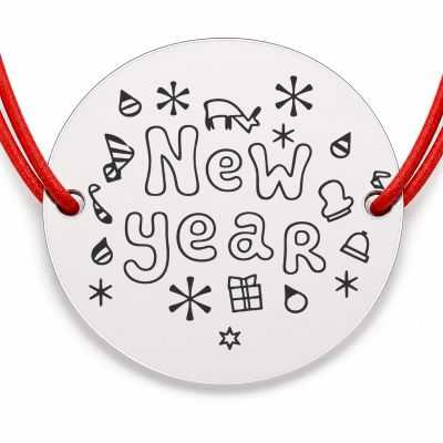 Brățară argint 925 cu bănuț mesaj New Year și fulgi, șnur reglabil — cadou de Anul Nou B-E1007