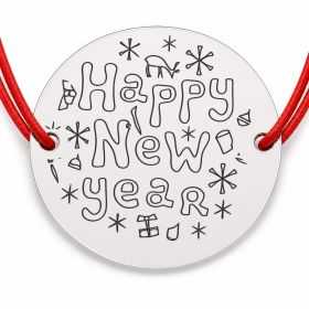 Brățară argint 925 cu bănuț mesaj Happy New Year și fulgi, șnur reglabil — cadou de Anul Nou B-E1001