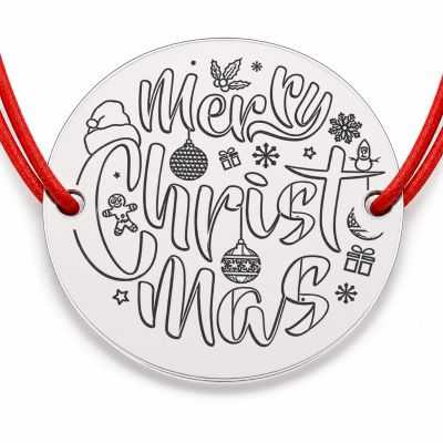 Brățară argint 925 cu bănuț mesaj Merry Christmas și simboluri festive, șnur reglabil — cadou de Crăciun B-E1010