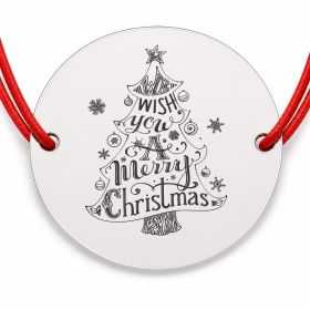 Brățară argint 925 cu bănuț brad tipografic cu mesaj We wish you a Merry Christmas, șnur reglabil — cadou de Crăciun B-E0988