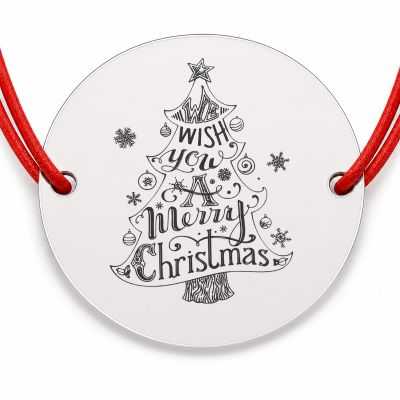 Brățară argint 925 cu bănuț brad tipografic cu mesaj We wish you a Merry Christmas, șnur reglabil — cadou de Crăciun B-E0988