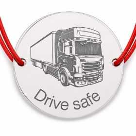 Brățară argint 925 cu bănuț camion Drive safe, șnur reglabil — cadou șofer B-E1461