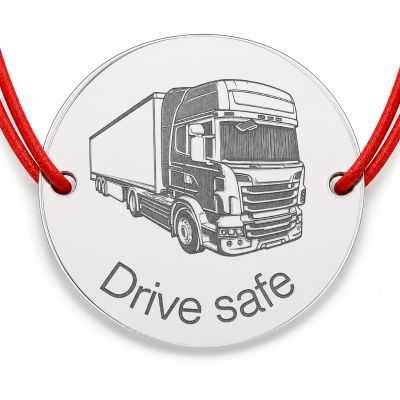 Brățară argint 925 cu bănuț camion Drive safe, șnur reglabil — cadou șofer B-E1461
