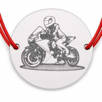 Brățară argint 925 cu bănuț motociclistă, șnur reglabil — cadou moto B-E1038