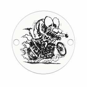 Bănuț argint 925 gravat Rat Fink pe motocicletă, Ø 16,5 mm — pentru pasionații de motociclete E0793