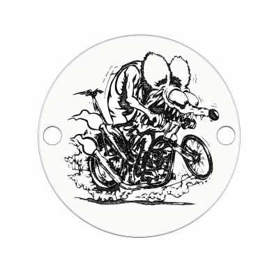 Bănuț argint 925 gravat Rat Fink pe motocicletă, Ø 16,5 mm — pentru pasionații de motociclete E0793