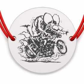 Brățară argint 925 cu bănuț Rat Fink pe motocicletă, șnur reglabil — cadou pentru pasionații de motociclete B-E0793