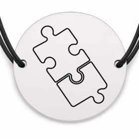 Brățară argint 925 cu bănuț gravat două piese de puzzle, șnur negru reglabil — R0243