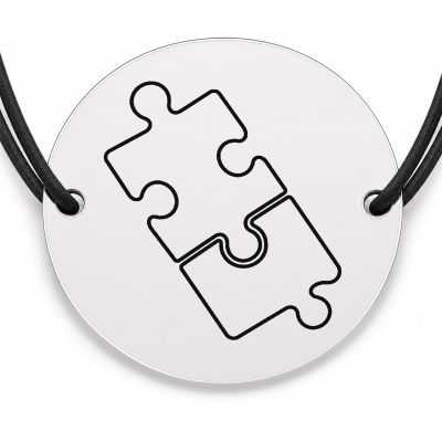 Brățară argint 925 cu bănuț gravat două piese de puzzle, șnur negru reglabil — R0243