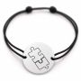 Brățară argint 925 cu bănuț gravat două piese de puzzle, șnur negru reglabil — R0243