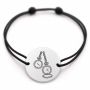 Brățară argint 925 cu bănuț gravat două ceasuri de buzunar, șnur negru reglabil — R0290