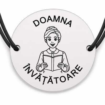Brățară argint 925 cu bănuț gravat doamna învățătoare cu carte, șnur negru reglabil — R0292