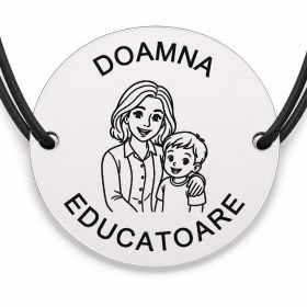 Brățară argint 925 cu bănuț gravat doamna educatoare cu un copil, șnur negru reglabil — R0293