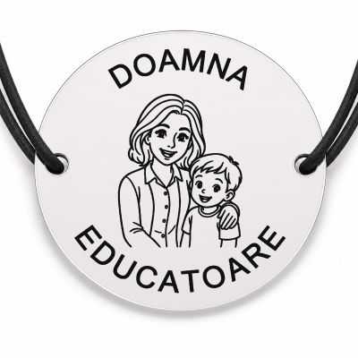 Brățară argint 925 cu bănuț gravat doamna educatoare cu un copil, șnur negru reglabil — R0293