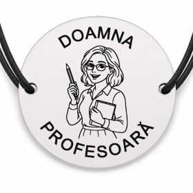 Brățară argint 925 cu bănuț gravat doamna profesoară cu creion și caiet, șnur negru reglabil — R0294