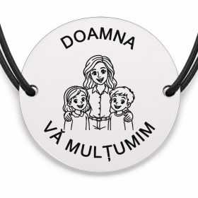 Brățară argint 925 cu bănuț gravat doamna învățătoare cu doi copii, șnur negru reglabil — R0295