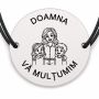 Brățară argint 925 cu bănuț gravat doamna învățătoare cu doi copii, șnur negru reglabil — R0295