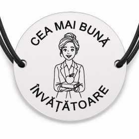 Brățară argint 925 cu bănuț gravat doamna învățătoare cu mărul pe carte, șnur negru reglabil — R0297
