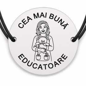 Brățară argint 925 cu bănuț gravat doamna educatoare cu ursuleț, șnur negru reglabil — R0298