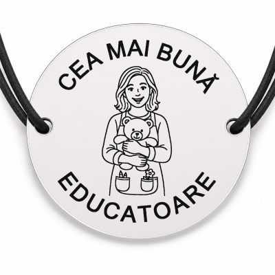Brățară argint 925 cu bănuț gravat doamna educatoare cu ursuleț, șnur negru reglabil — R0298