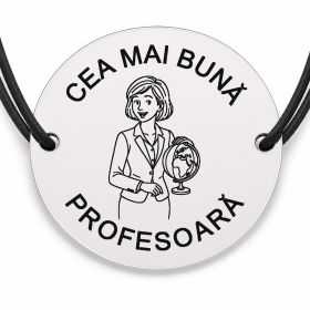 Brățară argint 925 cu bănuț gravat doamna profesoară cu globul pământesc, șnur negru reglabil — R0299
