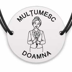 Brățară argint 925 cu bănuț gravat doamna învățătoare cu buchet de flori, șnur negru reglabil — R0302