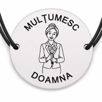 Brățară argint 925 cu bănuț gravat doamna învățătoare cu buchet de flori, șnur negru reglabil — R0302