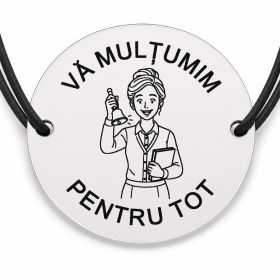 Brățară argint 925 cu bănuț gravat doamna învățătoare cu clopoțelul, șnur negru reglabil — R0304