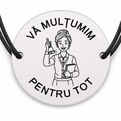 Brățară argint 925 cu bănuț gravat doamna învățătoare cu clopoțelul, șnur negru reglabil — R0304