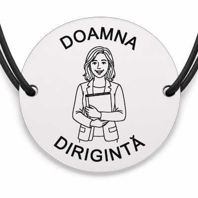 Brățară argint 925 cu bănuț gravat doamna dirigintă cu catalogul, șnur negru reglabil — R0305
