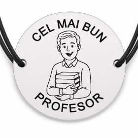 Brățară argint 925 cu bănuț gravat domnul profesor cu teanc de cărți, șnur negru reglabil — R0308