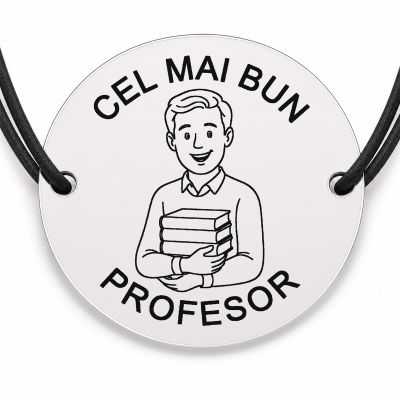 Brățară argint 925 cu bănuț gravat domnul profesor cu teanc de cărți, șnur negru reglabil — R0308
