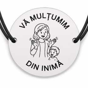 Brățară argint 925 cu bănuț gravat doamna educatoare care aplaudă un copil, șnur negru reglabil — R0310