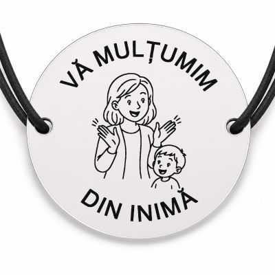 Brățară argint 925 cu bănuț gravat doamna educatoare care aplaudă un copil, șnur negru reglabil — R0310