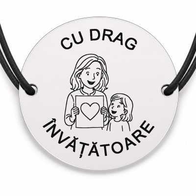 Brățară argint 925 cu bănuț gravat doamna învățătoare cu desenul de la un copil, șnur negru reglabil — R0313