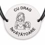 Brățară argint 925 cu bănuț gravat doamna învățătoare cu desenul de la un copil, șnur negru reglabil — R0313