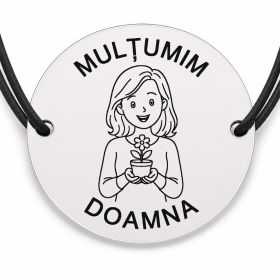 Brățară argint 925 cu bănuț gravat doamna educatoare cu floarea în ghiveci, șnur negru reglabil — R0314