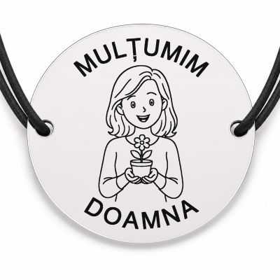 Brățară argint 925 cu bănuț gravat doamna educatoare cu floarea în ghiveci, șnur negru reglabil — R0314