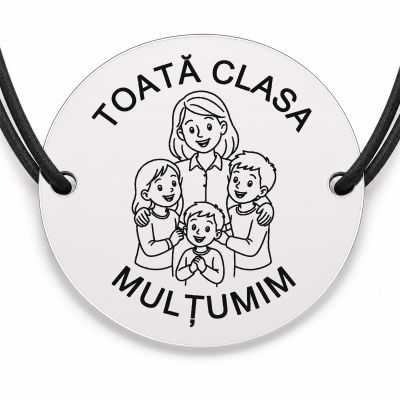 Brățară argint 925 cu bănuț gravat doamna învățătoare cu trei copii, șnur negru reglabil — R0316