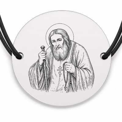 Brățară argint 925 cu bănuț Sfântul Serafim de Sarov, șnur negru reglabil — R0329