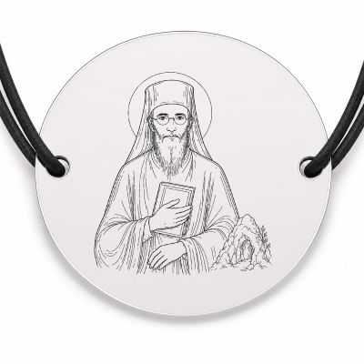 Brățară argint 925 cu bănuț Sfântul Ioan Iacob de la Neamț, șnur negru reglabil — R0348