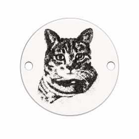 Element brățară pisică din argint 925, tăbliță rotundă gravată cu portret de pisică 16.5 mm E1123