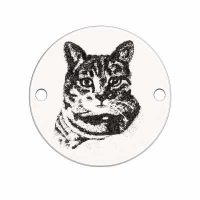 Element brățară pisică din argint 925, tăbliță rotundă gravată cu portret de pisică 16.5 mm E1123